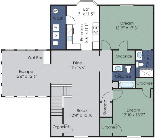 Floor plan for 2 beds, 2 baths, 1660 sqft